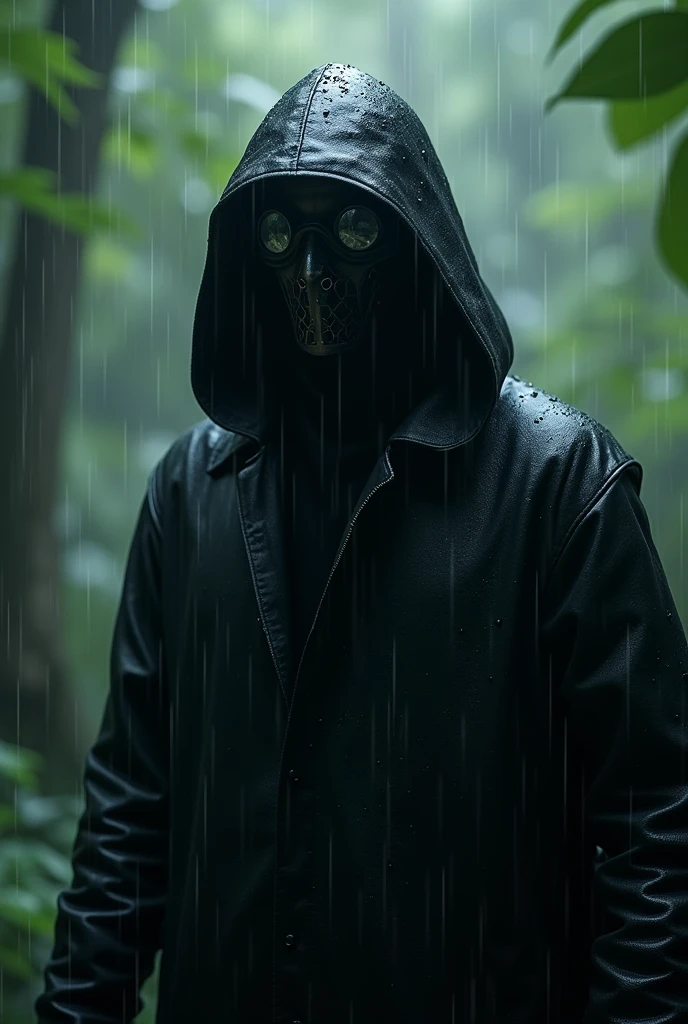 A man dressed in black, Wear a raincoat, The face is completely covered by an iron mask with glasses, Wear the M35 helmet. 

The setting is a beautiful forest, it's raining. 