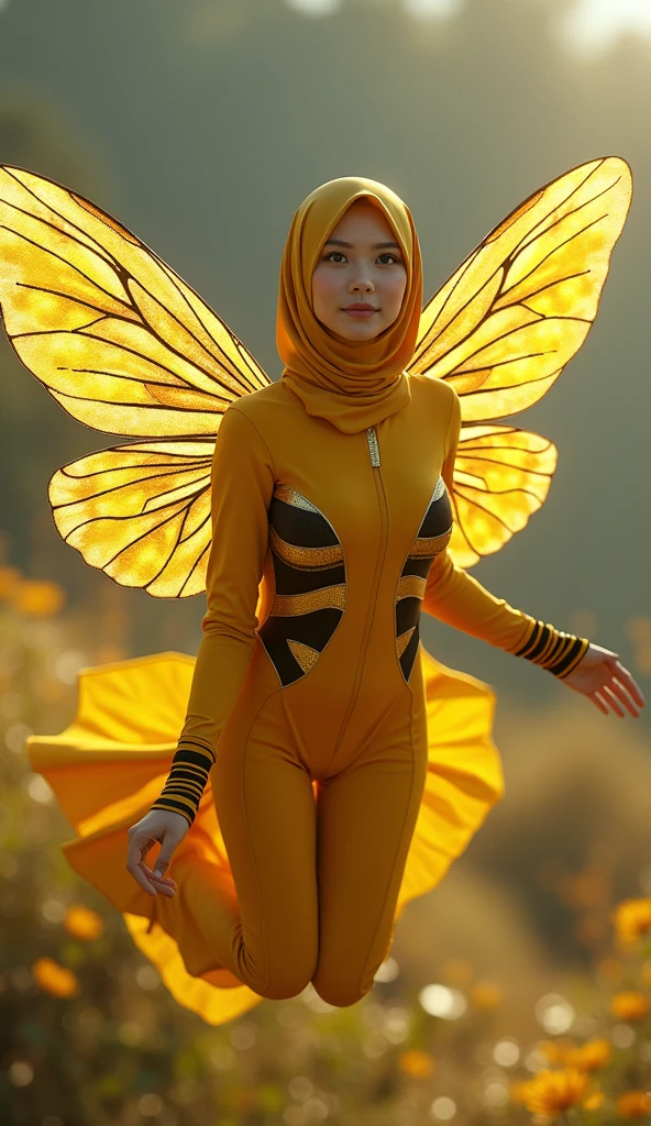 A most beautiful,most hardworking and most thinnest Malaysian Asian muslimah girl with shiny face and a pair of beautiful cheeks wears yellow bee Lycra turtleneck unitard catsuit covered with ablack bee stripes with a pair of wings.She always wear bee print Lycra dancewear human.She is flying!!