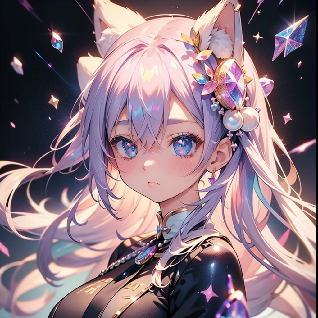 One Girl、Cute ears、Heavenly gate、Decorated with pearls、Realistic Anime、8k、Cinematic、creates a dramatic、Background glitter hologram、