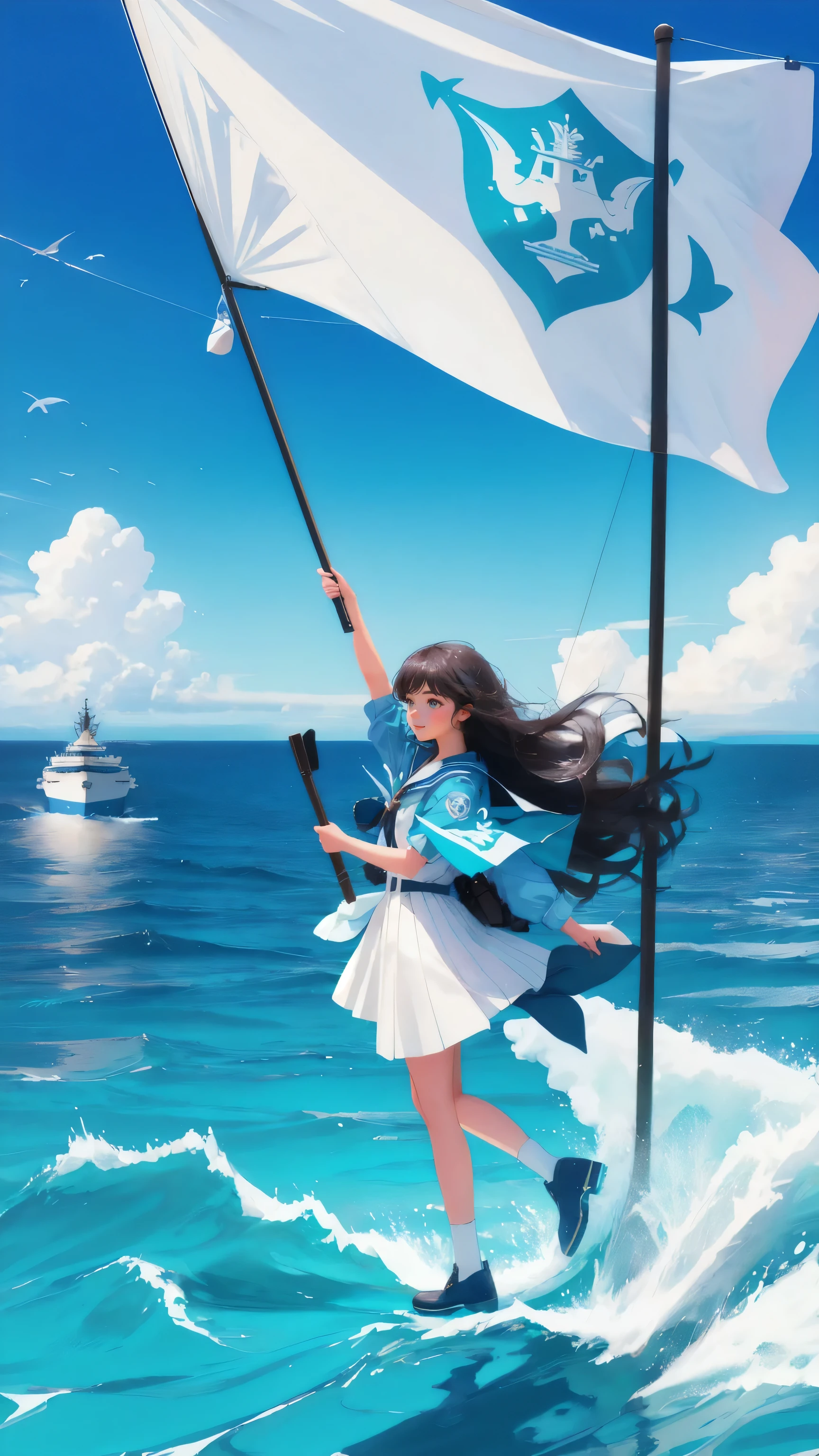 A beautiful, cute girl with flowing hair, dressed as a modern explorer, standing confidently on the deck of a ship. The ship sails through a blue ocean under a bright blue sky. The ship's flag prominently displays the words 'Early Adopter's Cruiser,' with dolphins jumping alongside the ship in a joyful scene.
