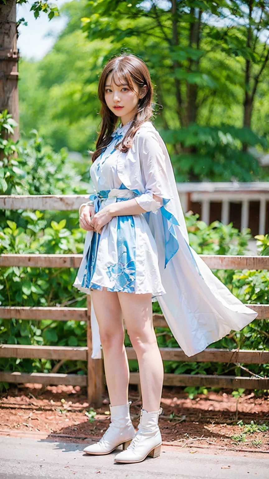 (8k、RAW Photos、Highest quality、masterpiece:1.2)、(Realistic、Realistic)、1 person、((White and light blue、garden、Frills、Cape、mini skirt、Thin legs、whole body、boots、View from the front、Looking into the camera、Stand with hands on hips))、cute