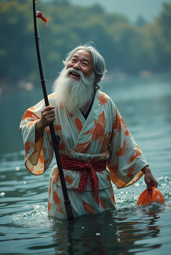 theme：Scene of fishing, realistic photo, A giant fish wearing a kimono, fishing、bath、The best happy performance、be happy、smile、big lightning,