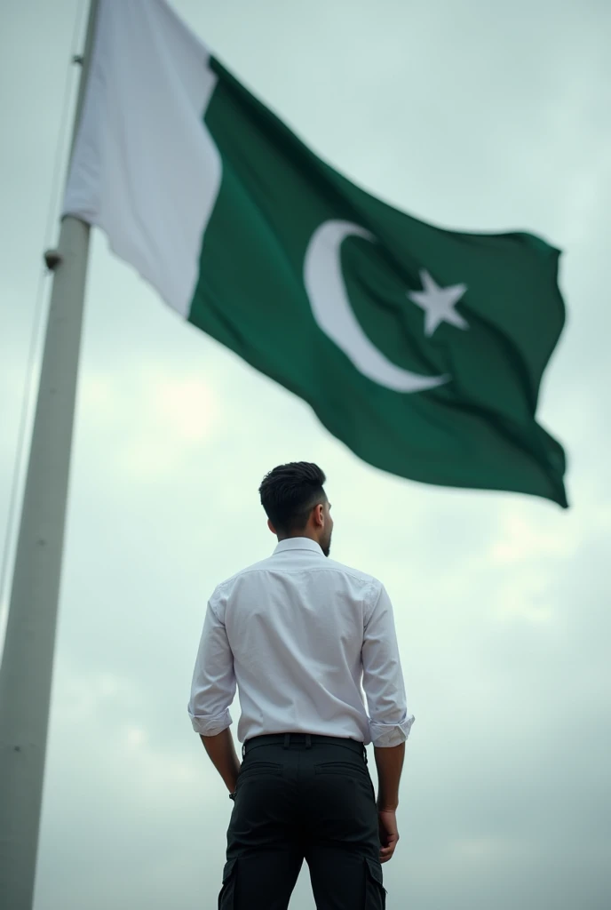 A 27-1  man standing under pakistan's flag
Looking at the flag
White shirt,black cargo pant 
Freanch crop hair cloudy weather 