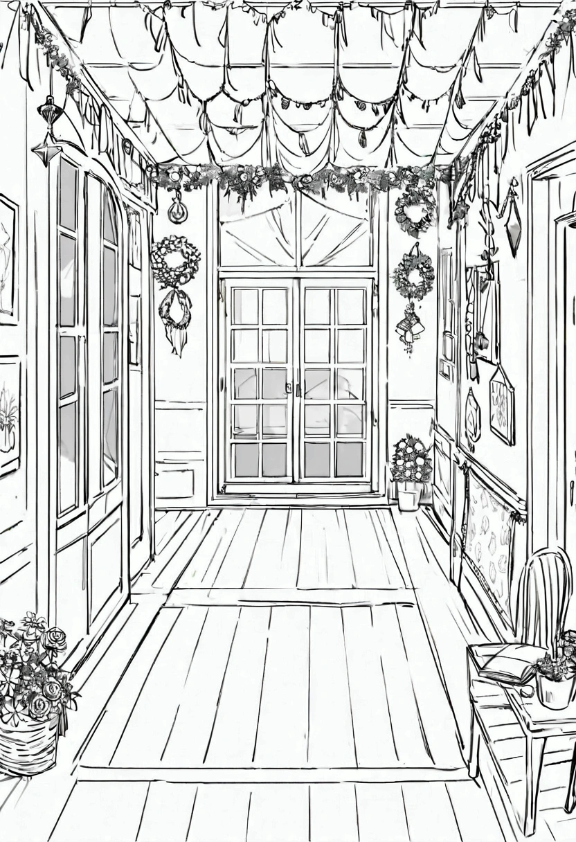 Create a line art illustration of an empty room interior with only windows and chalkboard festively decorated with DIY, affordable materials. The room features paper flowers, tassel garlands, banners, candlesticks, sparkling garlands, bandana banners, DIY bunting, a paper chain backdrop, and tissue paper pom-poms. The chalkboard is decorated with cheerful drawings and framed with garlands. Emphasize the handcrafted, simple yet beautiful decorations, ensuring the room is filled with festive details. No people should be present, decorations everywhere,No desk and chairs and the image should be in line art,sketch without color.