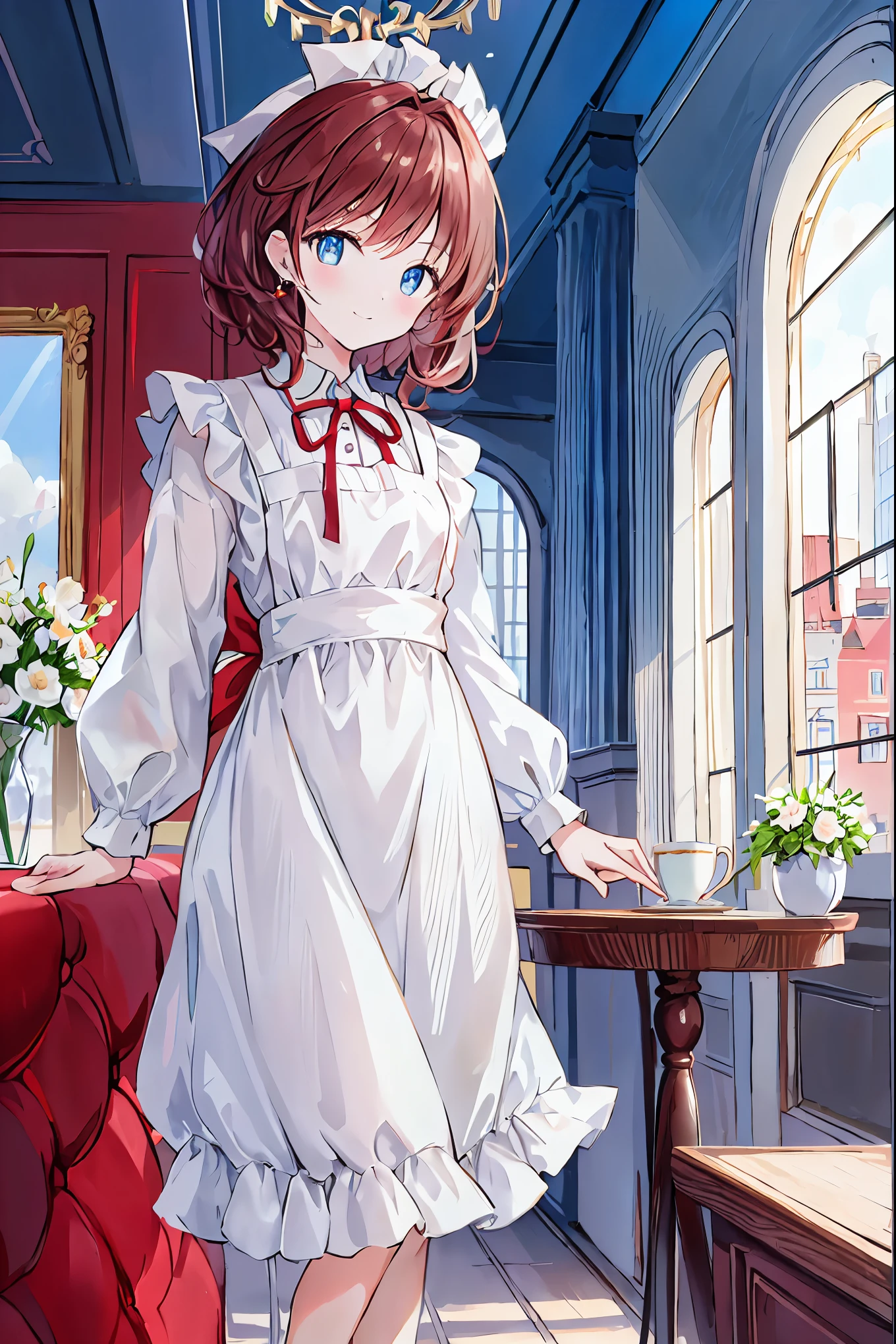 masterpiece、Highest quality、High resolution、Very detailed、Detailed Background、1 person、White blouse、Red Skirt、Upper body close-up、blue eyes、smile、Apron appearance、((indoor、morning、Cafe))、Sharp contours,Brown Hair,Shortcuts,Messy Hair,Slender beauty,A dignified posture,Small chest,Beautiful feet,,