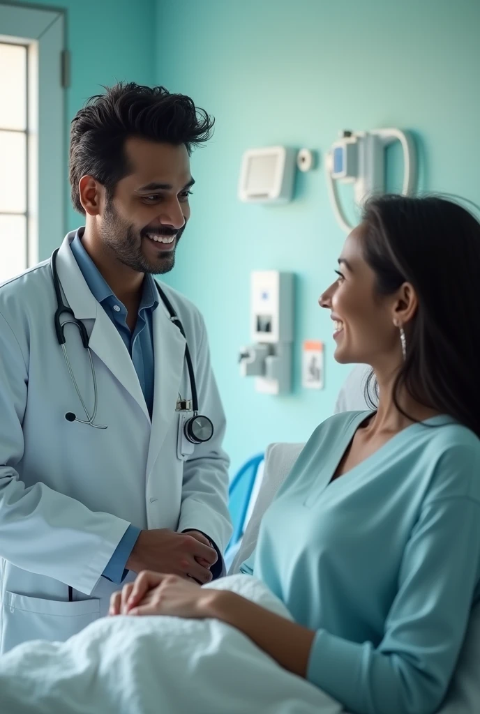 30 years Indian male doctor is looking same as indian actor Mahesh babu, he is talking with the patient on the bed. Patient is smiling by looking doctor.
