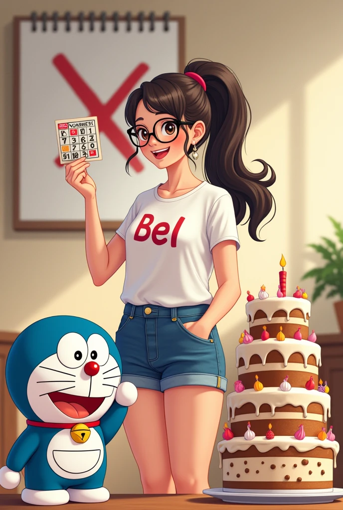 a 32 year old slightly chubby girl long wavey ponetailed hair wearing t-shirt with name "Bel" and denim short and black eyeglasses holding a bingo card in her right hand and a big calendar in her background with Big X, and has a 3 tier Cake in her side because it's her birthday and her son and doraemon in her side