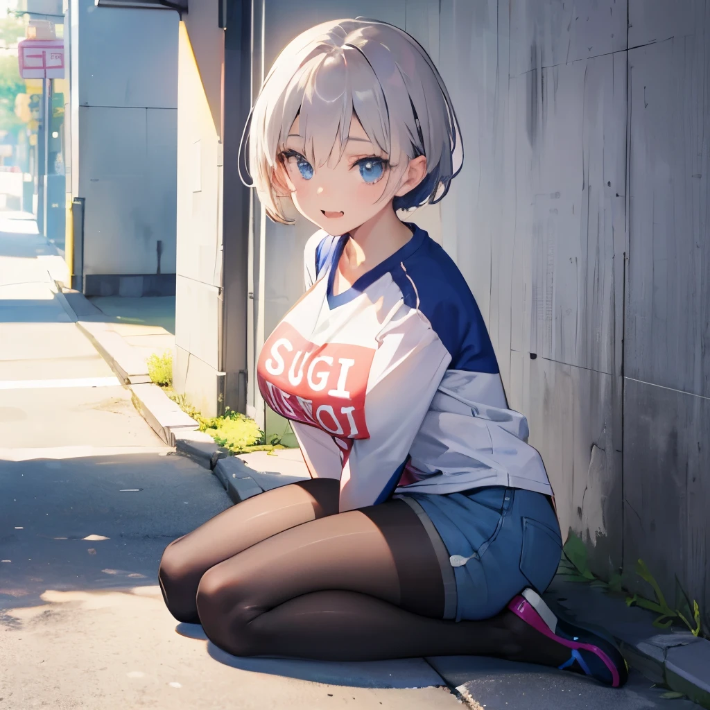 Long shot,ground shot, ground shot, front angle, face forcus,beautiful girl,fullbody, high quality, masterpiece,break, uh1, shirt, raglan sleeves, romaji text, clothes writing, long sleeves, denim shorts, pantyhose, fang, T-shirt,writting,T-shirt that says "Sugoi Dekai",beautiful girl's face, (very beautiful girl's face)