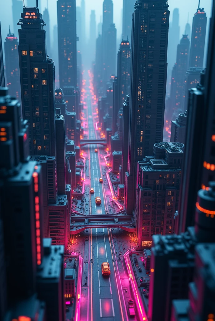 An extremely detailed, (pure realism) futuristic miniature city viewed from a bird's-eye perspective. big city.. The city is illuminated with vibrant neon colors, apathetic darkness tone, giving the scene a moody and intense atmosphere. The buildings are sleek, modern, and geometric, featuring sharp angles and glowing colour neon lines that accentuate their structures. Interspersed throughout the city are battle spaces, seamlessly integrated into the urban landscape, where futuristic weapons and technology are evident. The overall color scheme is dark, with glowing neon blues, purples, Neon green and pinks lighting up the buildings, streets, and battle zones. The scene is highly detailed, capturing the texture and scale of the miniature city, with a sense of depth and complexity in the urban design, giving the impression of a dynamic, futuristic battleground
