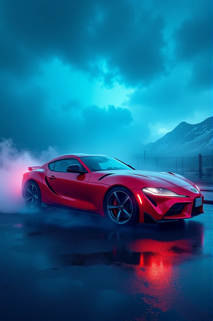 Red car with blue weather 