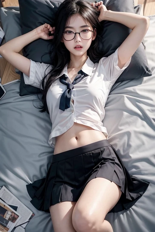 Korean girl wearing glasses, school uniform, short skirt, black hair, blue eyes, showing thighs and navel, lying on the bed, barefoot, sweating, mouth wide open, arms tied up, shy, squinting, both eyebrows raised, thin eyebrows, high nose