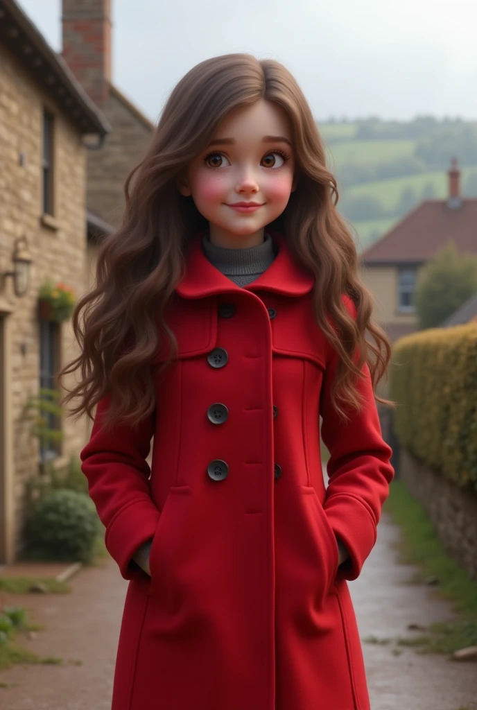 A brown haired girl in England in a red coat