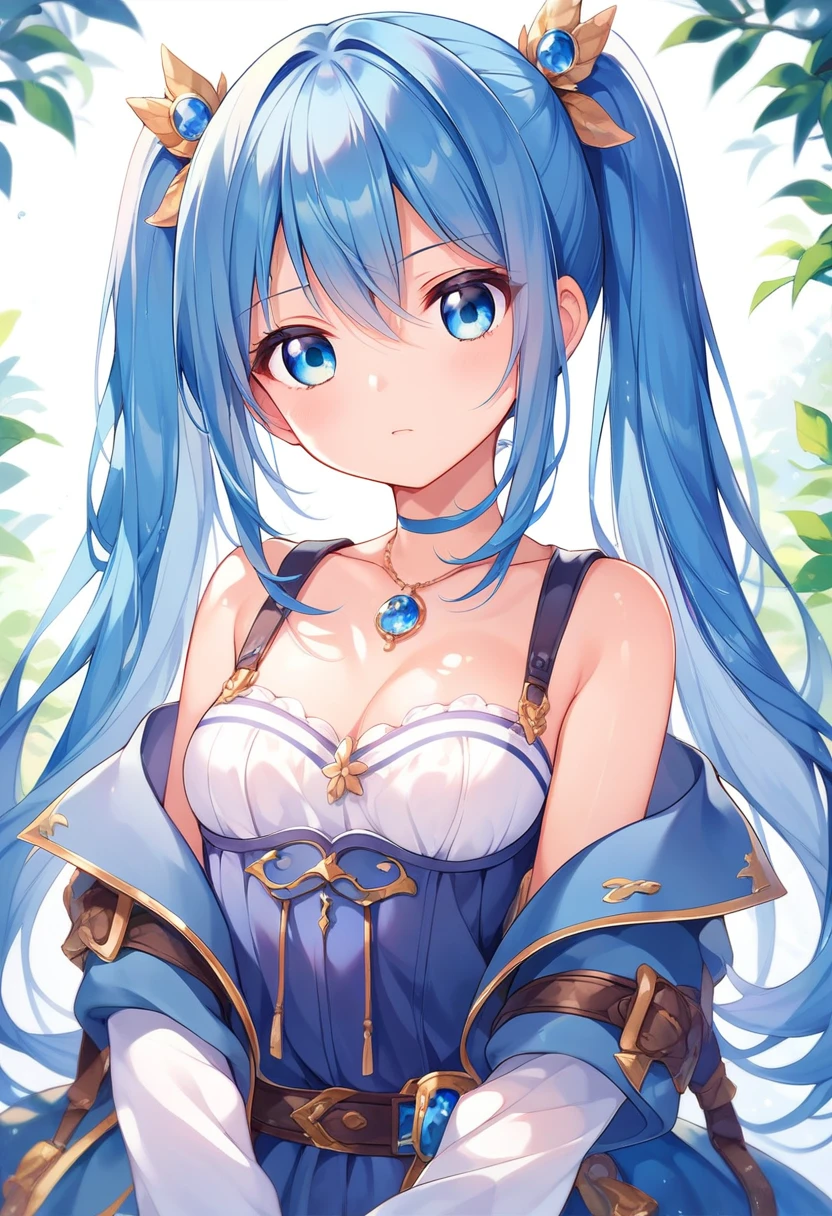 A dazed feeling,Blue hair twintails、Blue eyes、Slanted Eyes、Normal chest、Serious expression、beautiful girl、Cute high school girl、Dressed like a fantasy thief、She's wearing a cute hood