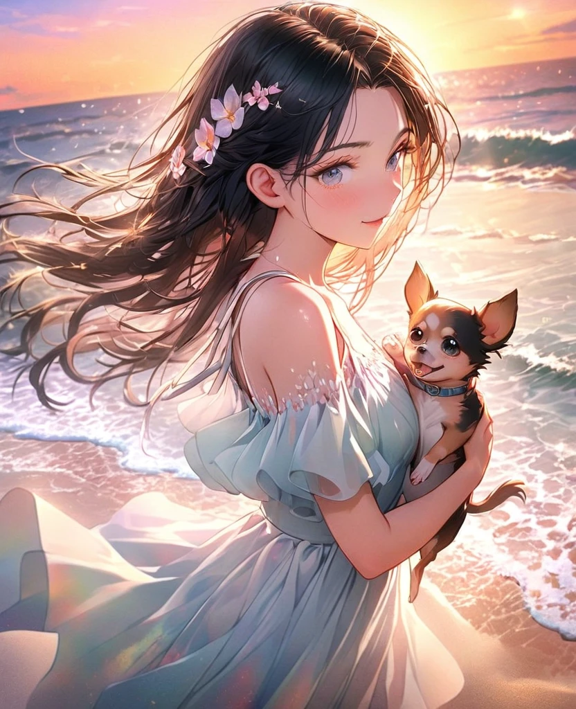 8k,Ephemeral beauty，Very delicate and beautiful,Beautiful and realistic skin,,Black Hair、Long and colorful hair,Beautiful Eyes,good,Beautiful sunset、dog(chihuahua)hug、dog cream color、Walking on the beach with my dog、casual、
