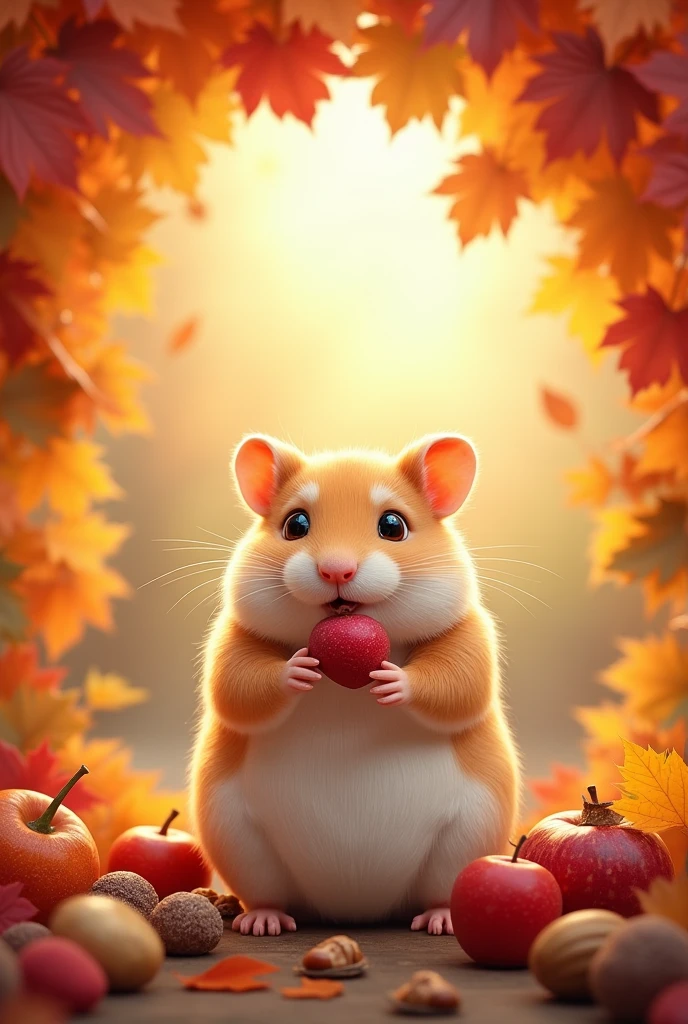 Autumn leaves frame、
Fat and realistic hamster、Short、A lively hard worker、Gourmet、Hide food here and there、Delicious Fruits、Beautiful nuts、