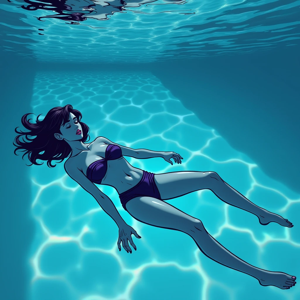 Create a picture of a young woman, a night elf, who is small and full-figured with blue skin, short black hair and she is wearing a two-piece strapless swimsuit. She's floating on her back in pool with her eyes are closed and she's slowly sinking underwater. The picture will be in comic book style.