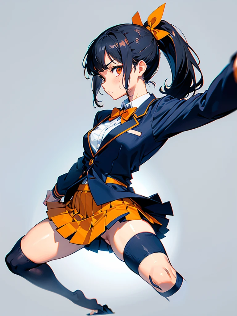 One person, Karate Stance,High Kick,Black Hair, ponytail, Slim body,Small breasts,Bad mood, Slanted Eyes, Character profile, Vanishing Point, Ultra Wide Angle,High school uniform,Navy blue blazer,White blouse,Orange bow tie,Long grey flared skirt,Navy blue knee socks,Japanese illustration style, Don&#39;t make them muscular,