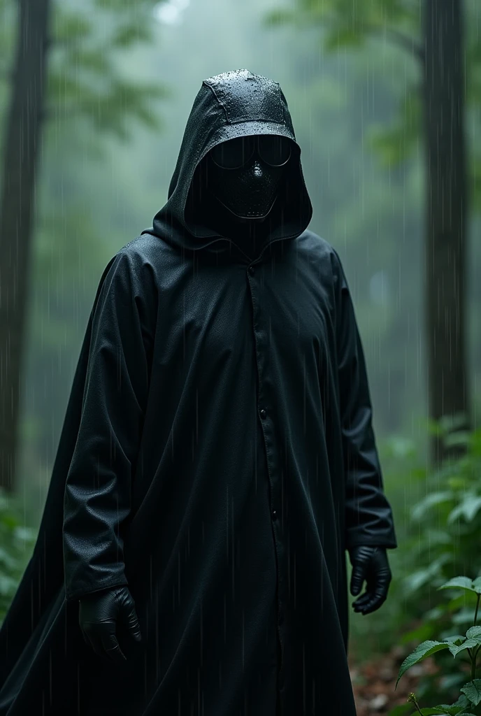 A man dressed in black, Wear a raincoat, The face is completely covered by an iron mask with glasses, Wear the M35 helmet.
The setting is a beautiful forest, it's raining.