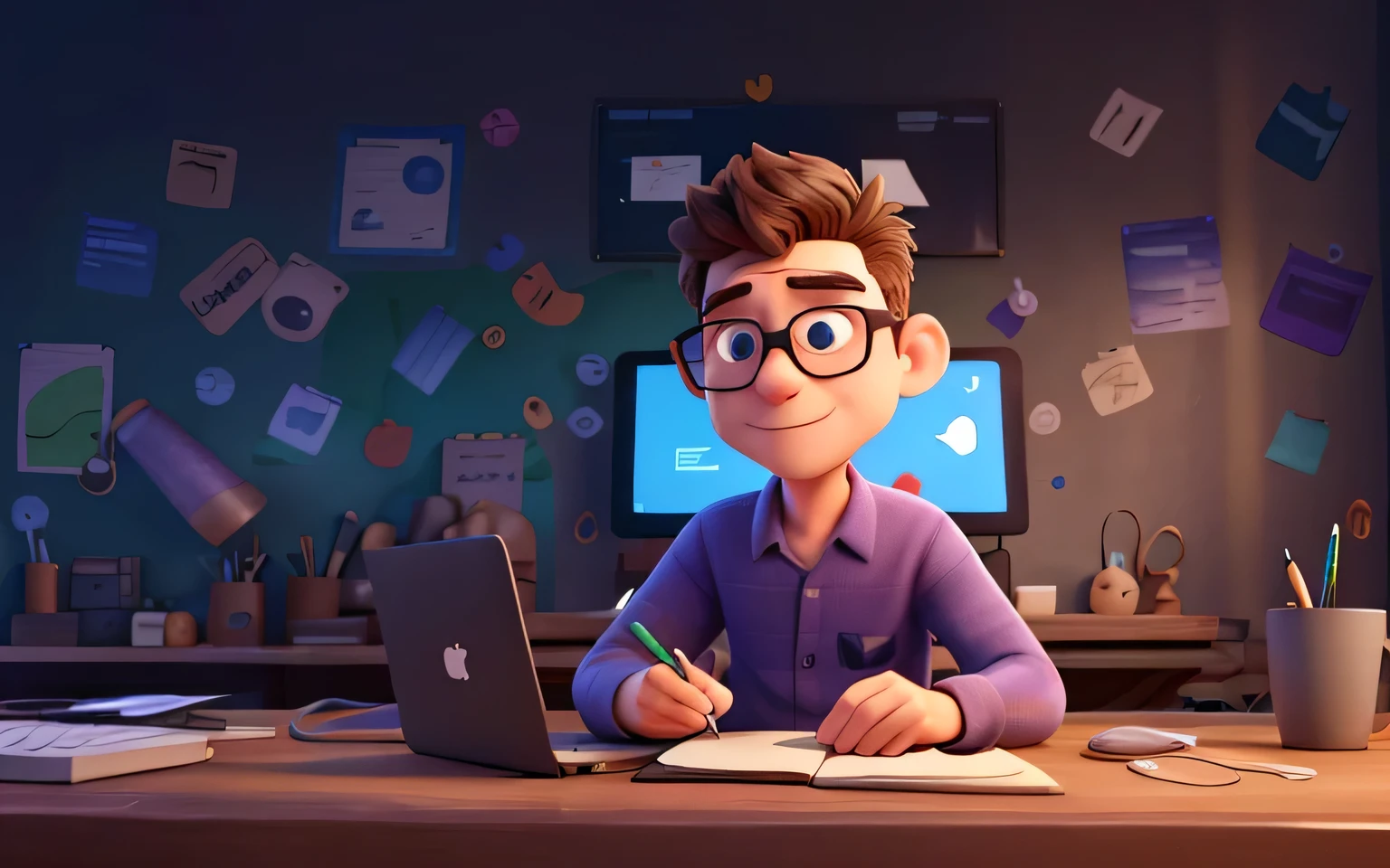 a character boy in glasses is holding up a laptop, in the styleof interactive pieces, soft gradients, daz3d, animatedgifs,azure,charming illustrations, award-winning,Dark background, backlight,((macbook por)),(Mouse)Hand drawing board, fingers,8K Resolution,high detail,hyperquality,fantasy,futuristic,Purple light effect,((Holding a pen)), ((holding a mouse))Clean background