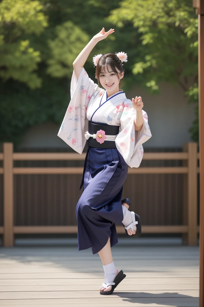 Photo-realistic quality、A 20-year-old woman is wearing a kimono and dancing the Awa Odori dance., Traditional Japanese, Detailed and beautiful eyes、Cute smile、A soft and gentle look、White tabi socks、Black wooden clogs、Awaodori