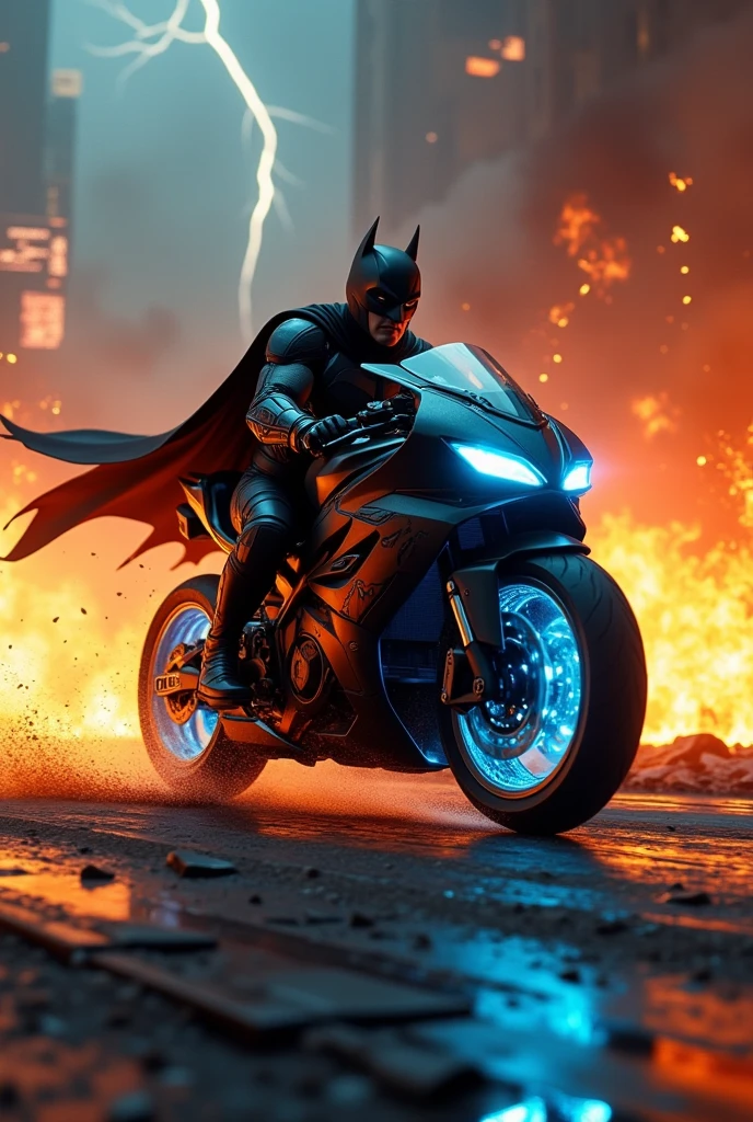 

"Batman's sleek, armored motorcycle, adorned with glowing blue accents, speeds through a hellish landscape, surrounded by a tempest of fiery ashes and embers, as flames dance across the dark pavement, illuminated by lightning cracks, while the Caped Crusader's silhouette rides steadfast, his cape flowing like a dark wingspan, defying the inferno's fury."

