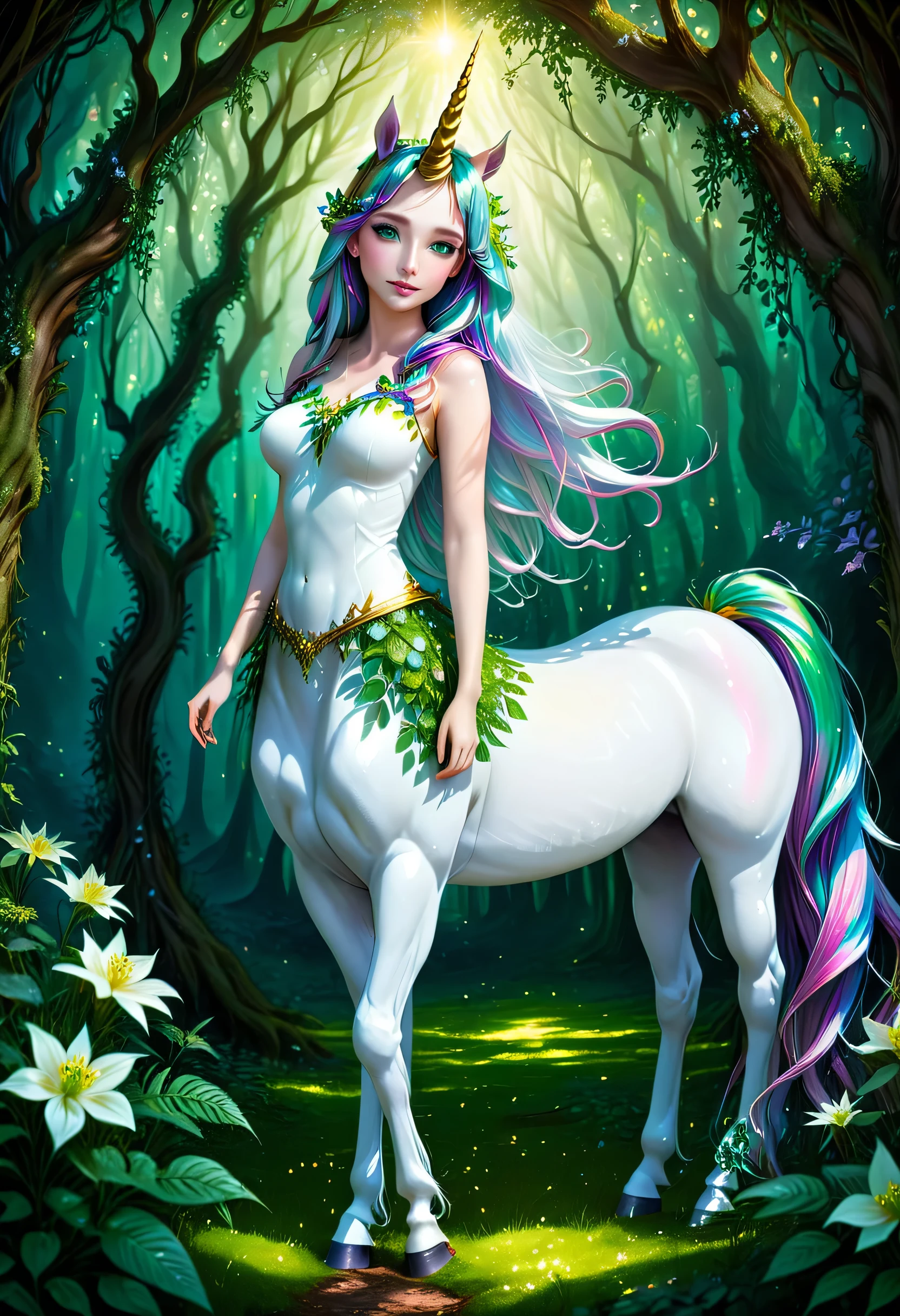 Unicorn humanoid beautiful female with green eyes. Surround her with a mystical, ethereal forest, filled with ancient trees, glowing flowers. The atmosphere should feel serene and magical, with soft light filtering through the dense canopy, casting enchanting shadows