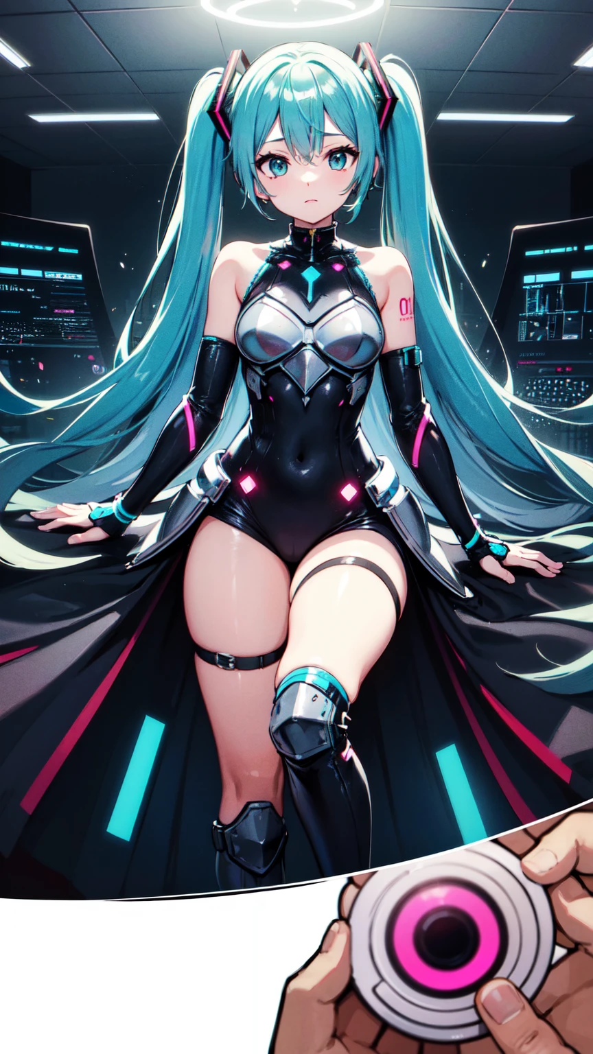 (Princess Knight), hatsune miku, ((wearing armor)), Angel wings, cyberpunk, noise removal, illustration, neon lights on the, Tabletop、Exquisite design、Visual Arts、Concept Artist、Five Fingers, Perfect body, {{{masterpiece}}}, {{{Highest quality}}}, {{Very detailed}}, {shape}, {{Very delicate and beautiful}},Improved cost performance、All Roles、Canon 5D MK4でphotograph、photograph,