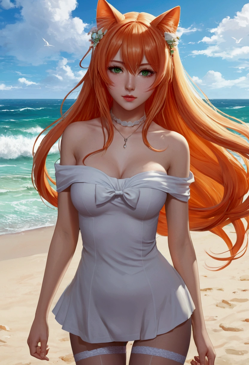 anime girl with long orange hair standing on beach near ocean, green eyes detailed digital anime art, cat ears, , anime girl with long hair, smooth anime cg art, anime girl with long hair, average breast size, digital anime art, artwork in the style of guweiz, beautiful anime portrait, photorealistic anime girl render, beautiful anime girl, advanced digital anime art, pantyhose, guweiz on artstation pixiv upscale HD UHD HQ