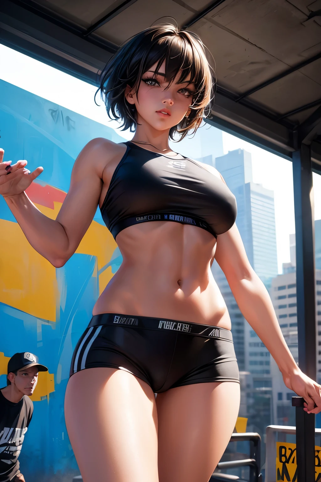 a provocative tomboy girl in casual clothes, beautiful detailed eyes, beautiful detailed lips, extremely detailed eyes and face, long eyelashes, detailed facial features, female, short hair, athletic build, dynamic pose, urban background, graffiti wall, (best quality,4k,8k,highres,masterpiece:1.2),ultra-detailed,(realistic,photorealistic,photo-realistic:1.37),photography,vivid colors,dramatic lighting