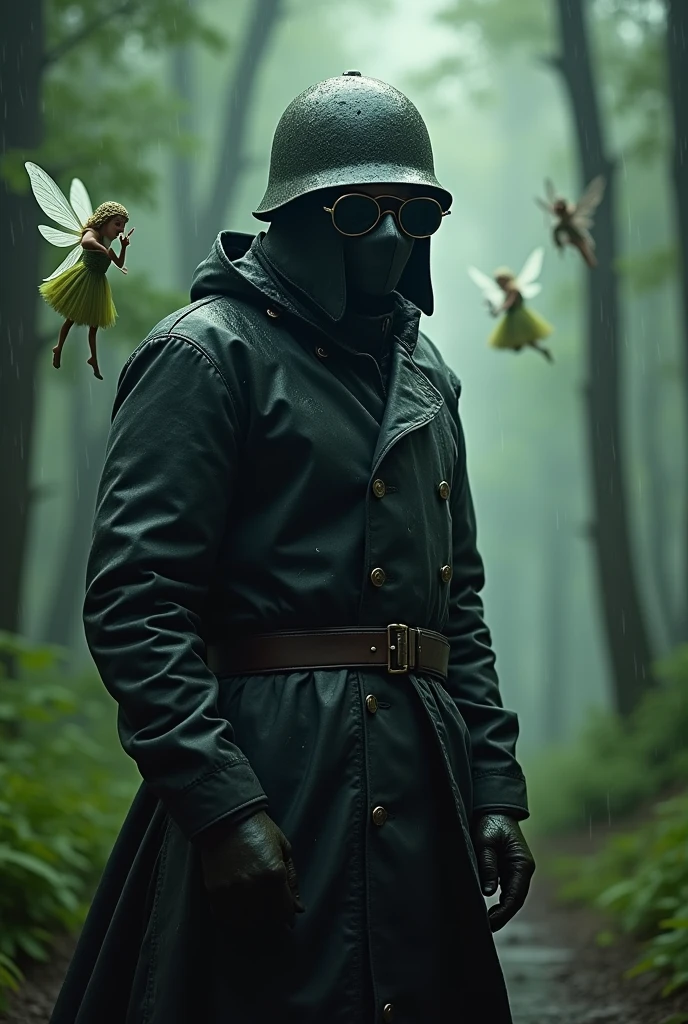 A man dressed in black, Wear a raincoat, The face is completely covered by an iron mask with glasses, Wear the M35 helmet.
The setting is a beautiful forest, it's raining. The Fairies around.