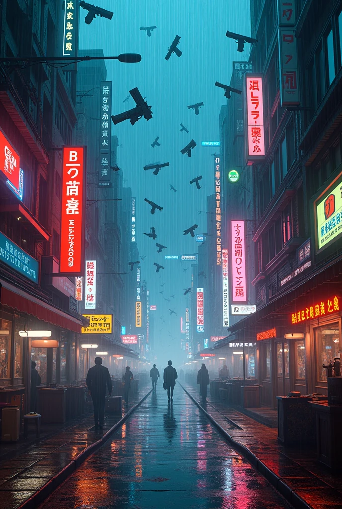 Rain of guns falling everywhere evenly like rain on a lit city 