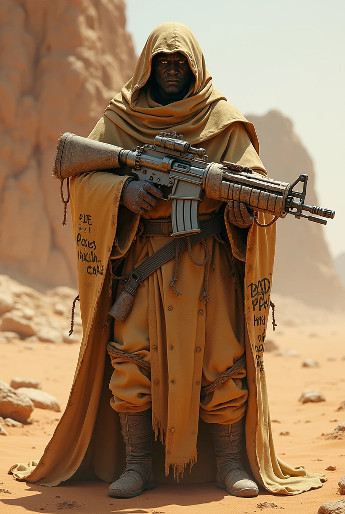 Soldier, Machine gun with rags, Decorated with lettering and ropes, Desert, Suit like the Sand People in StarWars