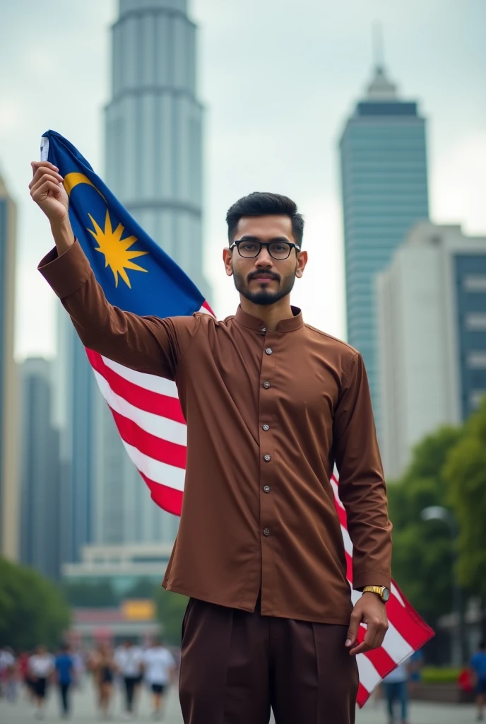 wide view, created a hensom man with a slightly ,, glasses, Malay face, 28 years, very little short, thin, and neat beard and mustache.  wearing traditional Malay men's clothes ((Baju Malay, Songkok, Sampin)), standing straight and raising his right hand high while holding the Malaysian flag, facing the camera, the background of the Malaysian city of Kuala Lumpur, the word 'MERDEKA' is written above in blurred writing, the image  is very detailed, super HD