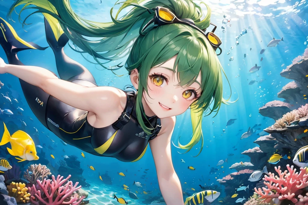 (Scuba Diving style) (enjoy Beautiful underwater), (panoramic, solo:2, 15 yo), (beautiful ponytail) (glossy beautiful green hair long hair) (beautiful cute girl), (glossy lip, happy smile, best beauty yellow eyes), (medium tits), in a Provocative Swimsuit, break, in the under sea in Okinawa, background deep undersea with Coral Farm, BREAK, perfect anatomy, masterpiece, best quality, 16k, beautiful detailed grow, daydreaming expression.