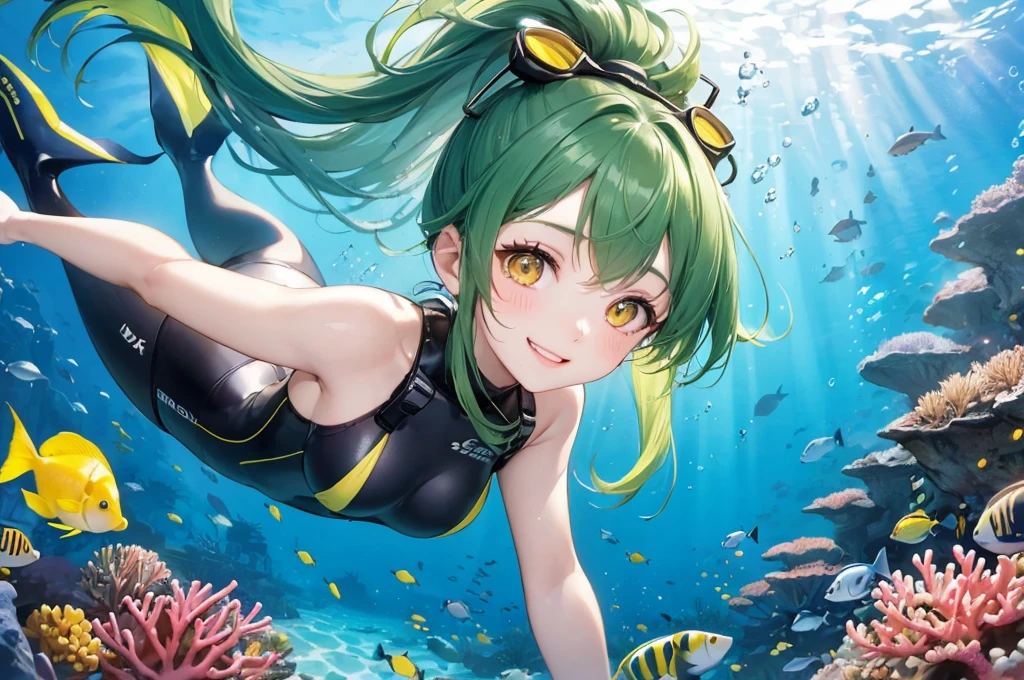 (Scuba Diving style) (enjoy Beautiful underwater), (panoramic, solo:2, 15 yo), (beautiful ponytail) (glossy beautiful green hair long hair) (beautiful cute girl), (glossy lip, happy smile, best beauty yellow eyes), (medium tits), in a Provocative Swimsuit, break, in the under sea in Okinawa, background deep undersea with Coral Farm, BREAK, perfect anatomy, masterpiece, best quality, 16k, beautiful detailed grow, daydreaming expression.