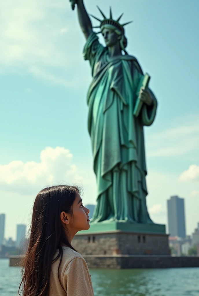 a girl. 13 year old with long dark hair and fair skin visiting the realistic Statue of Liberty