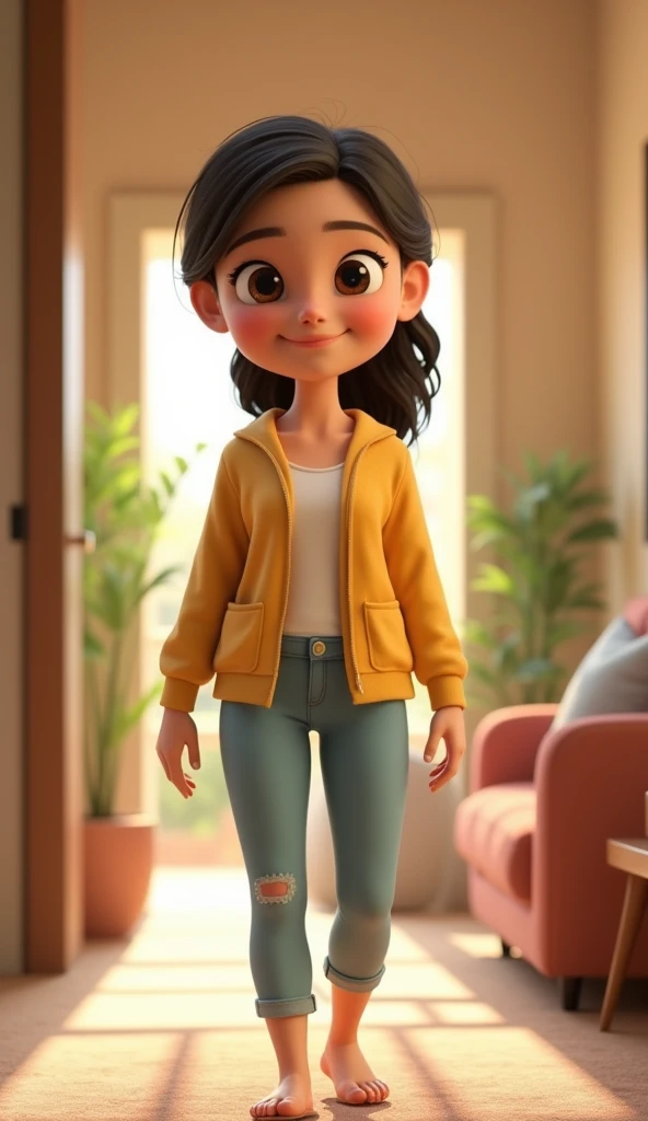One healthy woman wife in home passage background 3d animation style