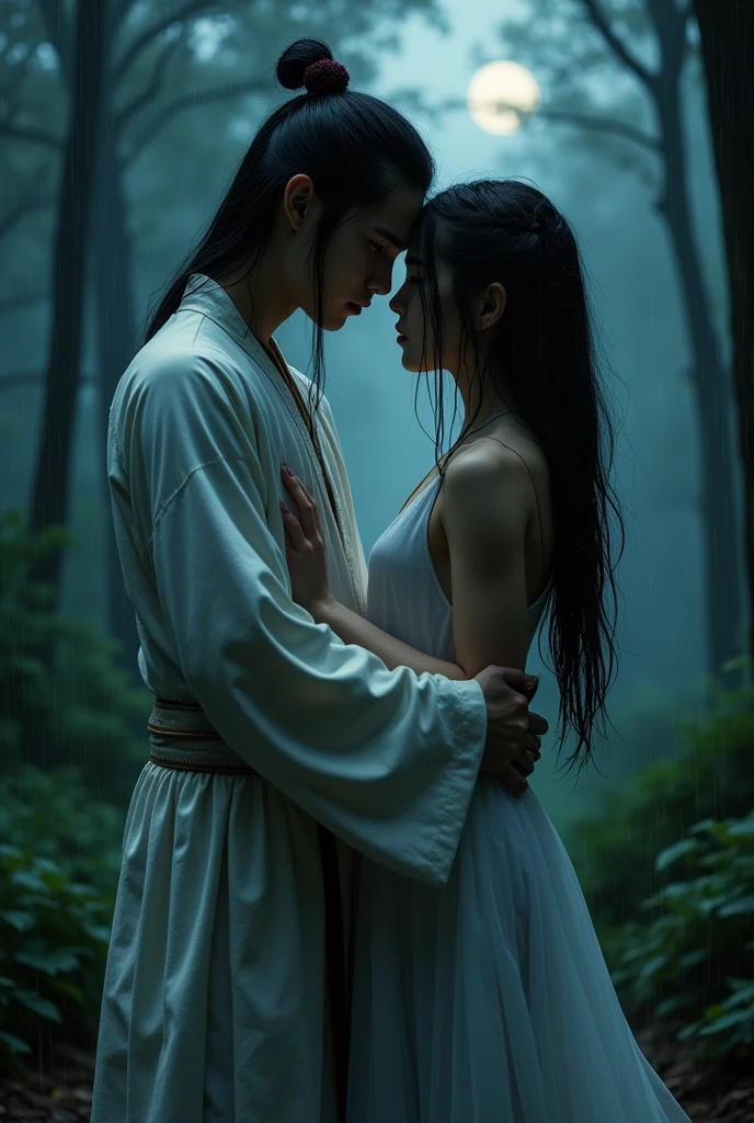 "Personality traits"Ancient Chinese women of the Hanfu period"Very detailed images,,"A wide view shows the details of the vast forest. She is completely soaked..,In the nude body, the chest is visible, standing fishing on the river bank while it's raining while the body of the young man in white is standing supporting and hugging the woman from behind.