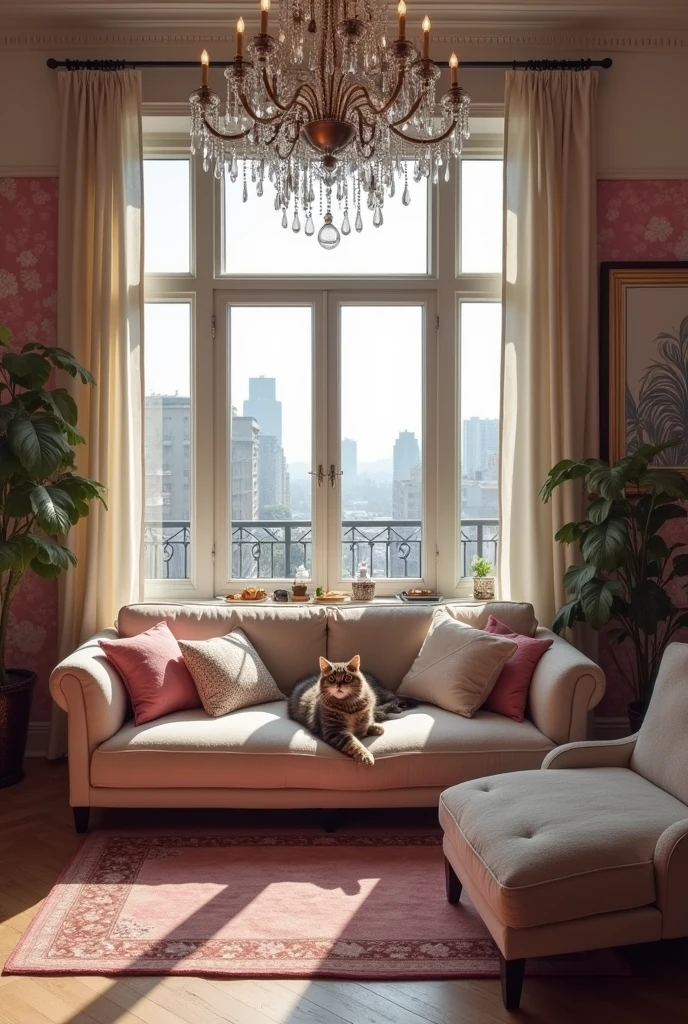 Photo resliste salon appartement abec baie vitree a l’anglaise decoration ancienne et street art dans les ton roses et gris et un lustre a pampille avec un petit chaton tigree sur le canape