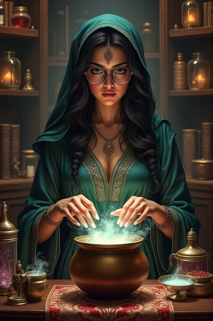 Pretty Moroccan witch with glasses prepares magic potion