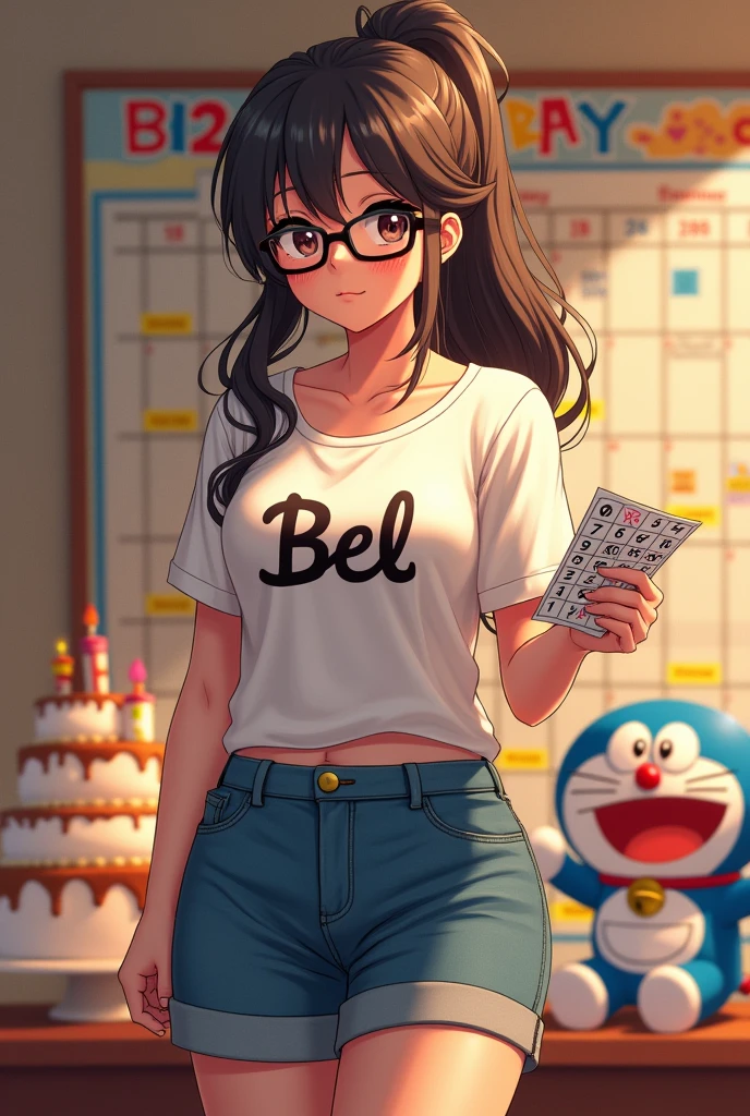 a 32 year old slightly chubby girl long wavey ponetailed hair wearing t-shirt with name "Bel" and denim short and black eyeglasses holding a bingo card in her right hand and a big calendar with X in background, and has a 3 tier Cake in her back because it's her birthday and her son  and doraemon in her side