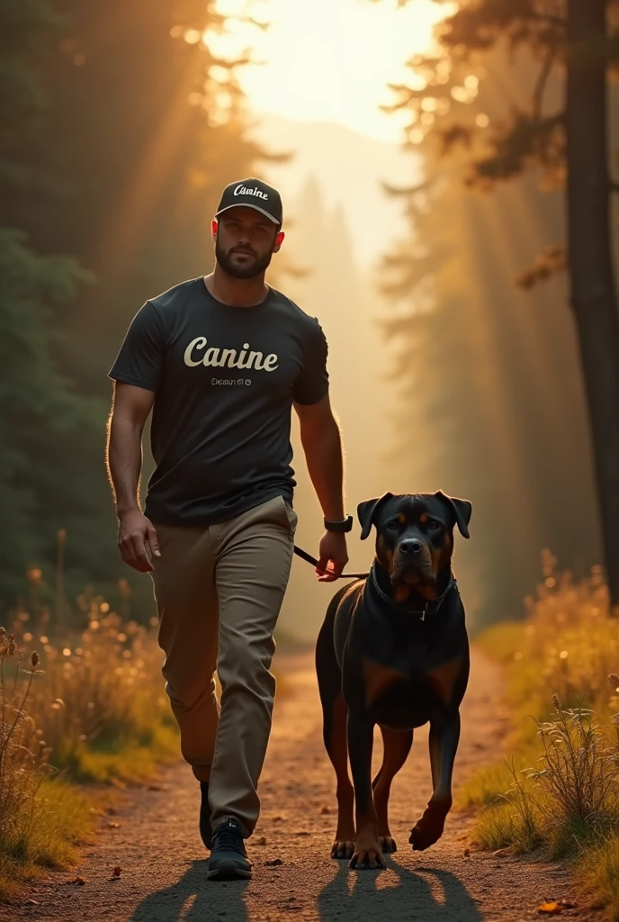 "A luxury brand poster inspired by Brioni's elegance. The scene is set in a sunlit forested mountain path, where a sophisticated foreign man is walking towards the viewer with a strong Rottweiler by his side. The man is wearing a stylish cap with the word 'Canine' written on it, and a T-shirt with 'Canine' printed on the chest. The sunlight filters through the trees, creating a warm, inviting atmosphere. The overall mood is one of refined luxury, emphasizing the connection between man and dog, and the exclusivity of the Canine brand."