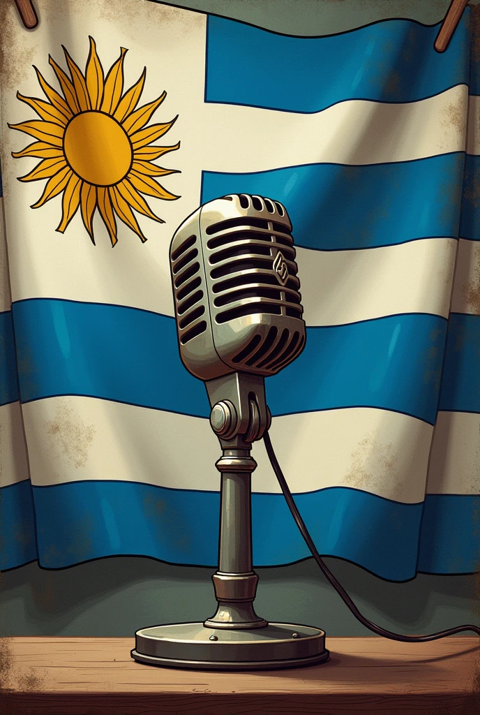 Create an illustration of an old microphone surrounded by a Uruguayan flag for a political radio show
