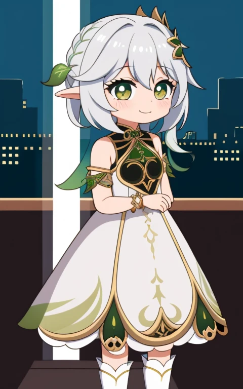  fullcg,Best quality,highest quality, 8k,Soft lighting, Confused, Looking at the audience, alone, smile, Knee socks,Nahida Genshin Impact | Character Lora 1283,((low length:1.5)),((chibi:1.5)),((little child girl)),1girl,difficult,cowboy shot,Beautiful cityscape,(standing:1.6),(Front facing:1.5),Cute outfit,