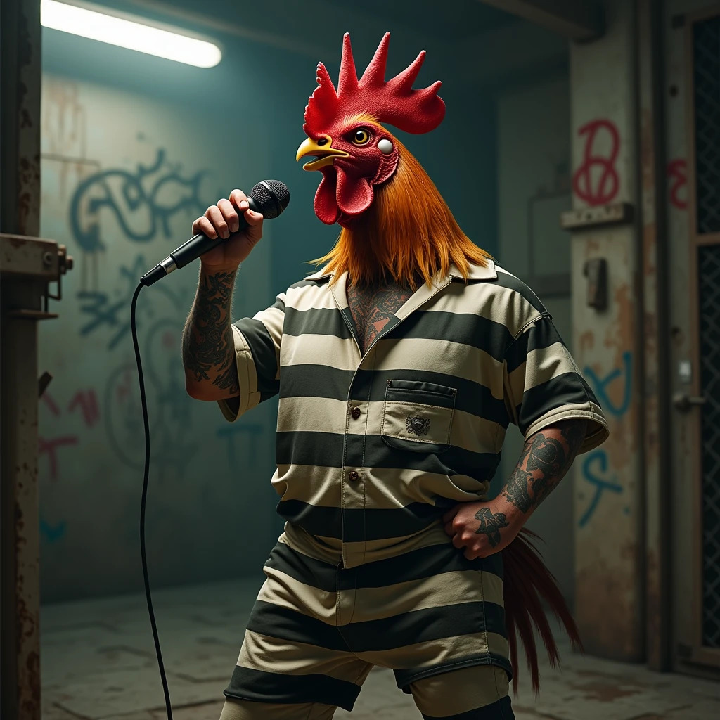 realistic image of a rooster in prison clothes, with tattoos, singing with a microphone in his hand