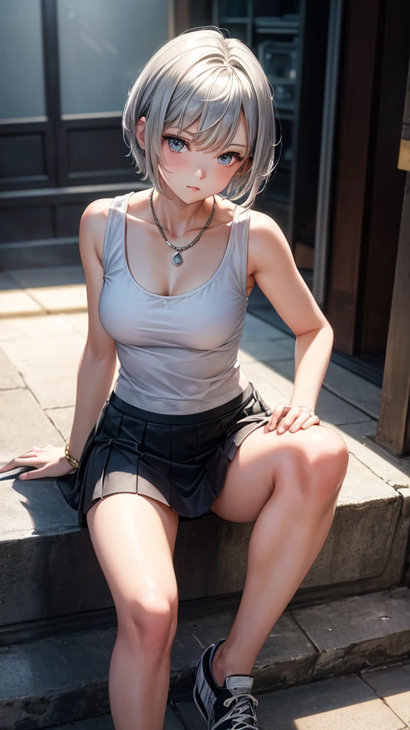 masterpiece, high quality, 16K, HDR,, Short-haired silver-haired girl wearing a mini-skirt and tank top, sitting on stairs,  figure, high-quality, high-resolution image.