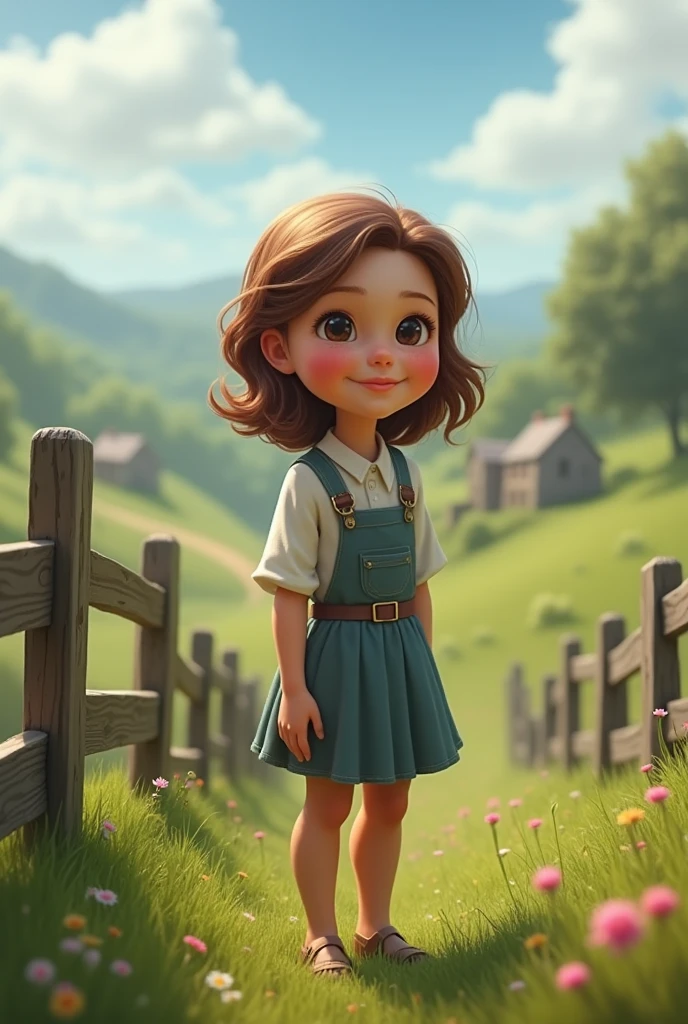 a beautiful and smiling , in a small farm in the countryside, spring day, pixar style, hyper realistic, cinema 4d, unreal engine 5 --auto --s2