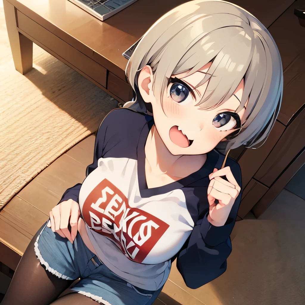 Long shot,ground shot, ground shot, front angle,l, beautiful girl, high quality, masterpiece,break, uzaki hana, raglan sleeves, romaji text, clothes writing, long sleeves, denim shorts, pantyhose, fang, T-shirt,writting,T-shirt that says "Sugoi Dekai",beautiful girl's face, (very beautiful girl's face)