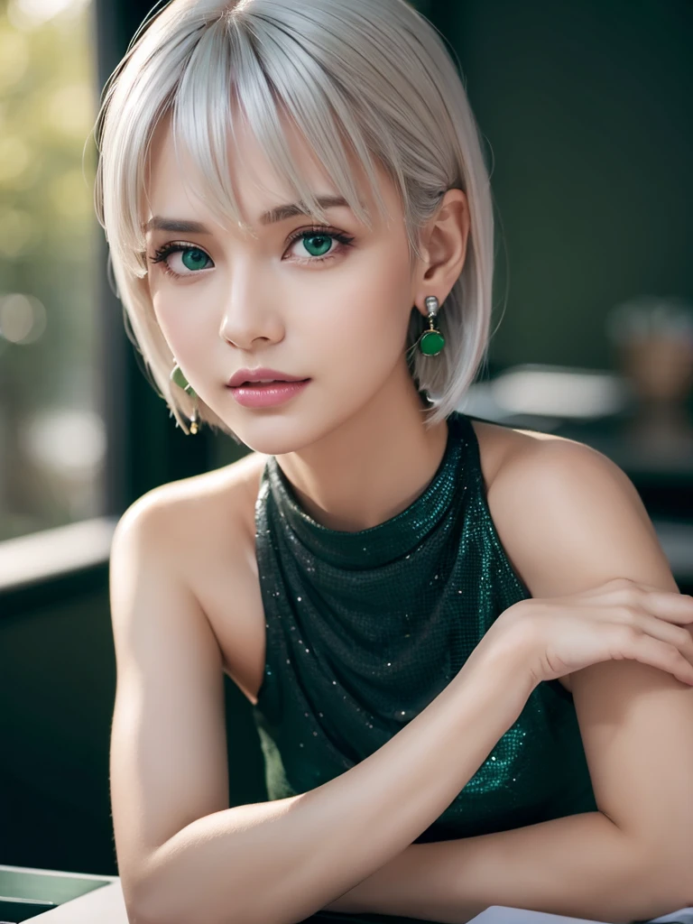 (Tabletop, Highest quality:1.5), night, Dark Theme, (Platinum Hair, Upper Body, View your viewers, dark green dress:1.3), Candid pose, Earrings, necklace, (Violet, Gardenias, Delicate, 8k, 85mm Portrait, Official Art, RAW Photos, Absurd, Short sleeve, Cinch waist:0.8), Sophisticated, (Face Light, Bright lighting, Sharp focus:0.8), reddish pink lips, Bokeh Background, Eye and facial details, Face close-up