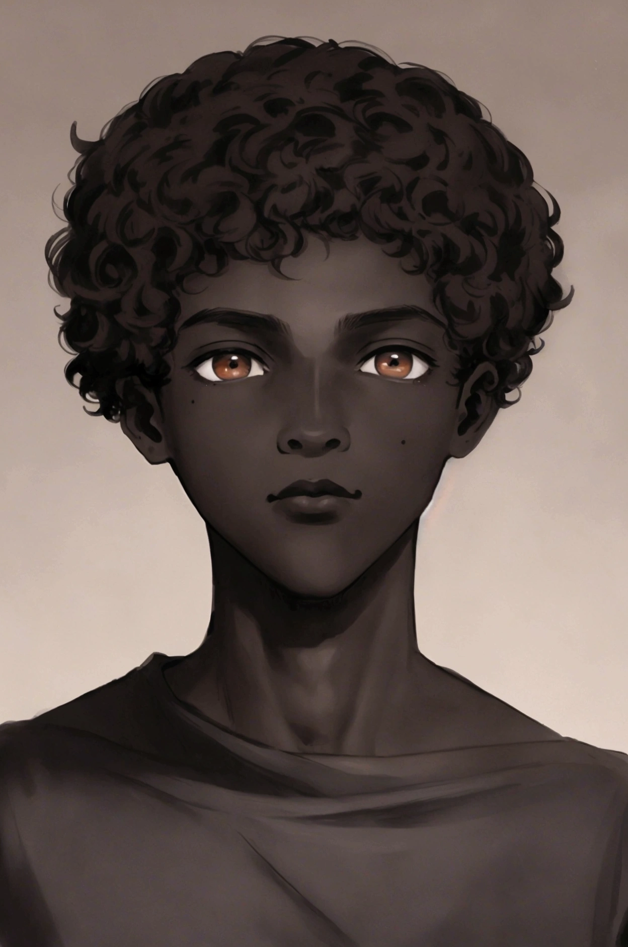 (Boy1), (Individual portrait: 1.5), (Full-length portrait: 1.5), (17 year old teenager), (height 1.80), (average build), (short curly black hair) , (his face is oval shaped and the nose of the face is thick, flat, thinner and the mouth is large, thinner and brown eyes and the caricature of the face is ), (dark skin color: 1.5 )